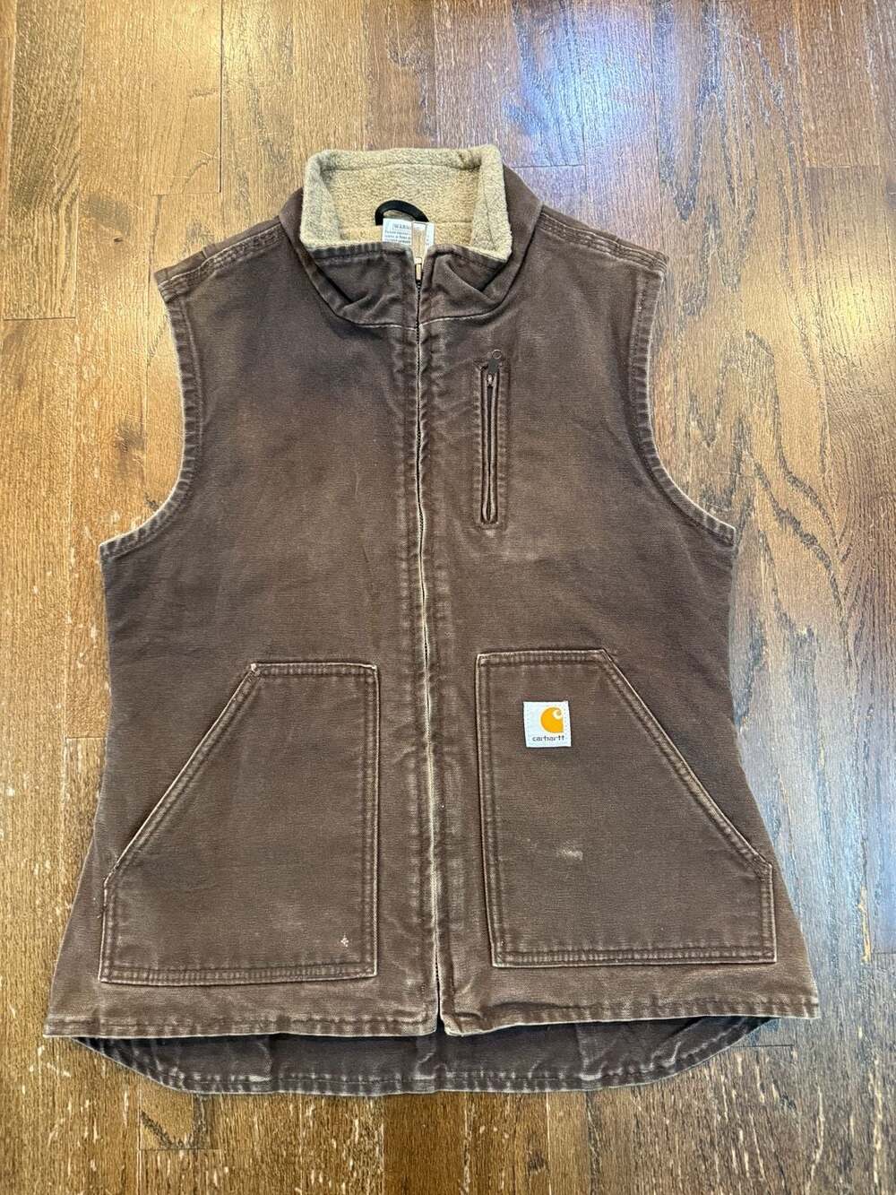 Vintage Carhartt WV001 DKB Sherpa-Lined Sandstone Duck Mock-Neck Vest